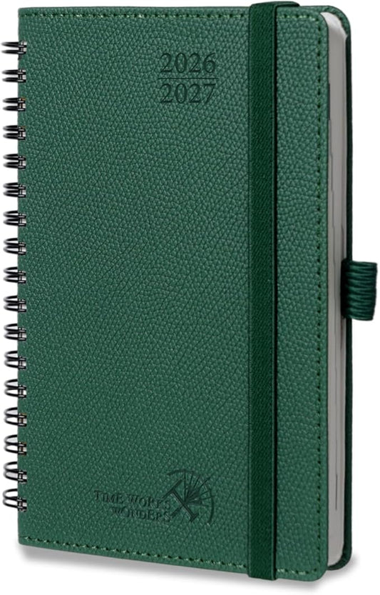 POPRUN 2026-2027 Academic Small Weekly Planner, 4" x 6.25" Pocket Calendar for purse, Horizontal Daily Calendar from July 2026 to June 2027, Softcover Appionment Book with Monthly Tabs, Spiral Bound, Inner-Pocket - Forest Green