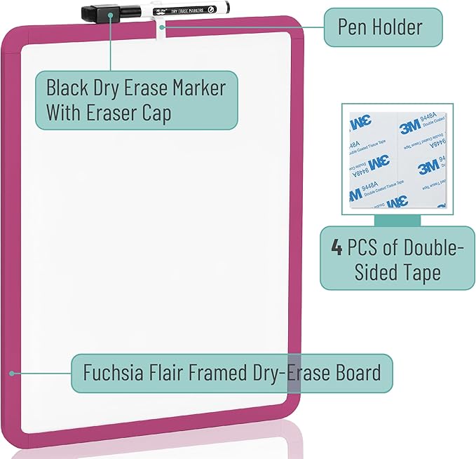 Mr. Pen- Dry Erase Board, 14” x 11” with a Black Dry Erase Marker, Magenta Frame, Small Mini White Board for Students, Fridge, Wall, Locker, Includes Double Sided Tapes