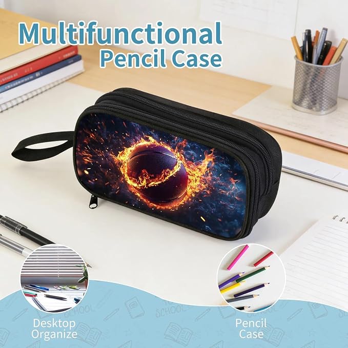 Firmiso Kids Pencil Case, Flaming Basketball Graphic, Large Capacity Double Zipper Pencil Pouch with Compartments, Durable Polyester School Supplies Organizer, Pen Bag for Boys Girls Students