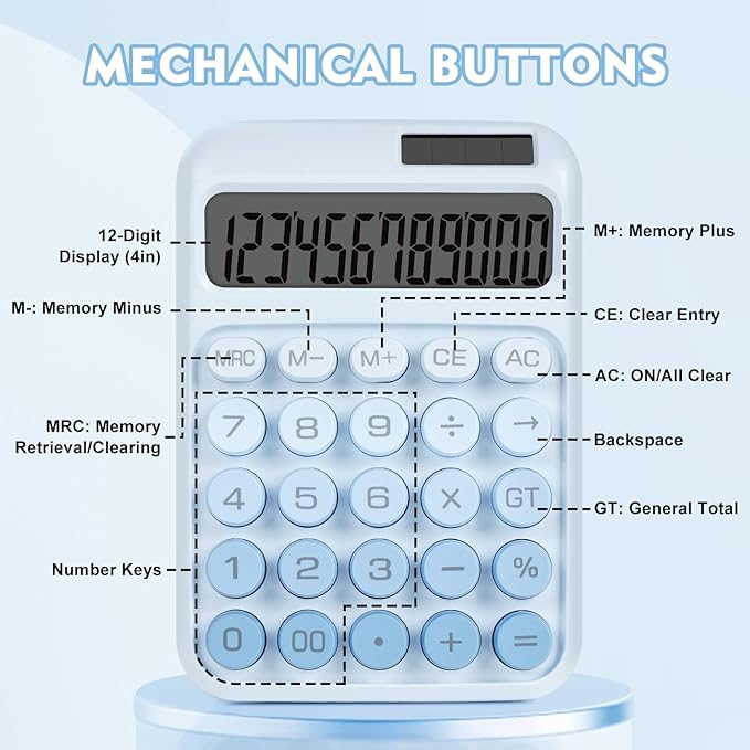 Mechanical Switch Calculator with Big Buttons, Calculators Desktop, 12 Digits, Solar Battery Power, Desk Calculator, Large LCD Display, Cute Blue Calculators for Teachers Students Basic Office