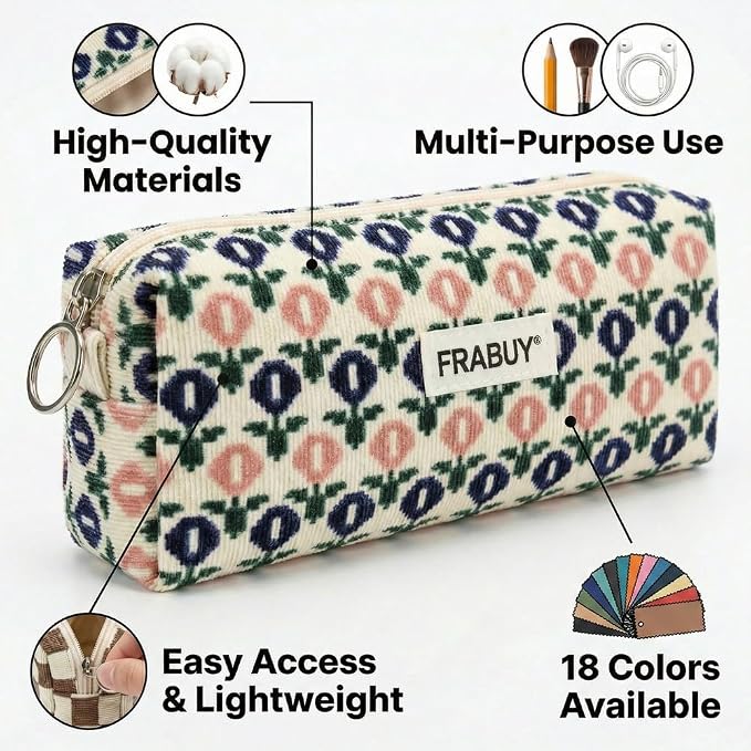 Soft Corduroy Pencil Case Pen Pouch Organizer, Small Stationery Bag | Cute little blue flower pencil pouch, smooth zipper, daily cosmetics holder, compact organizer for school teen girls, women