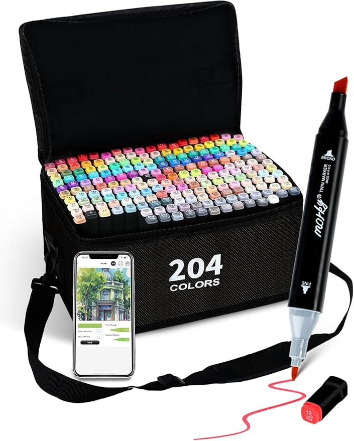 Brled 204 Colors Alcohol Markers with Free App, Chisel & Fine Tip Alcohol-Based Marker Set for Adults, Dual Tip Artist Markers for Drawing, Coloring Illustration, Painting and Great Gift Idea