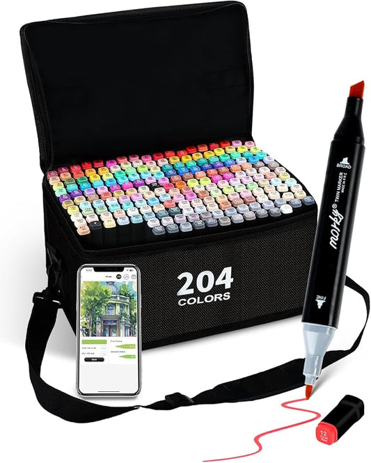 Brled 204 Colors Alcohol Markers with Free App, Chisel & Fine Tip Alcohol-Based Marker Set for Adults, Dual Tip Artist Markers for Drawing, Coloring Illustration, Painting and Great Gift Idea
