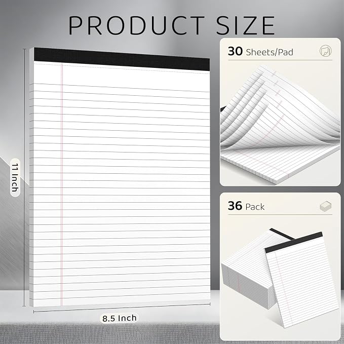 8.5x11 Lined Notepads 36 Pack - White Ruled Legal Pads with Firm Backing for Daily Lists, School Notes & Office Reminders | Smooth No-Bleed Paper for Students, Teachers & Professionals