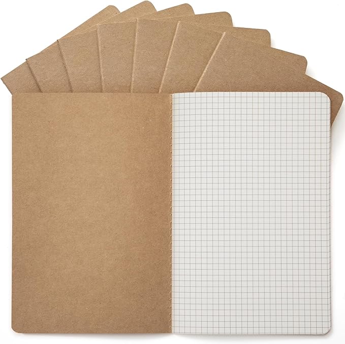 8 Pack Kraft Notebooks Bulk A5, 60 Pages Grid Graph Paper Journals, 8.3x5.5 Inches, Natural Kraft Cover Composition Notebooks for School Office Students Artists