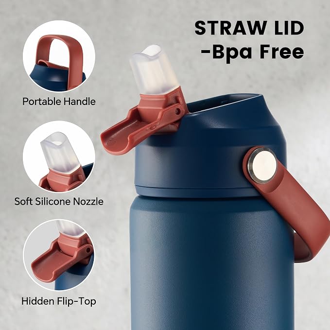 Fijinhom 18 oz Insulated Water Bottle with Straw Lid, Stainless Steel Water Bottles, Double Wall Vacuum, Portable Handle & Non-slip Bottom, BPA Free Leak Proof Metal Bottles, Keep Cold 24H, Sapphire