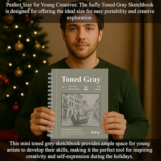 SuFly Gray Toned Sketch Pad, 11" x 14" - 60 Sheets Spiral Bound Sketchbook, 85lb/130gsm Toned Gray Paper for Graphite, Charcoal, Colored Pencils and Gel Pens.