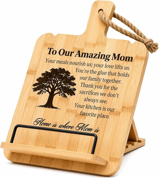 Bamboo Cookbook Stand for Kitchen Counter, Wooden Recipe Book Holder with 4 Adjustable Angles, Space-Saving Wall Mount Tablet Stand, Personalized Mothers Day Gifts for Mom