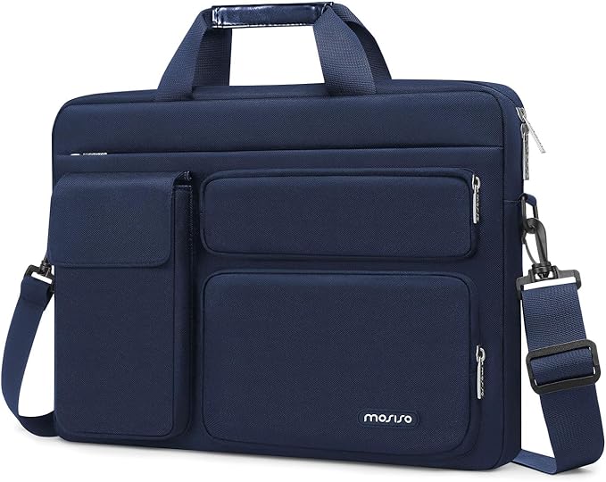 MOSISO Laptop Shoulder Bag 14 inch, 14 inch Computer Bag Compatible with HP Lenovo Dell ASUS Acer, HP Stream, Dell Latitude with 2 Raised&1 Flapover&1 Horizontal Pocket&Handle&Belt, Navy Blue