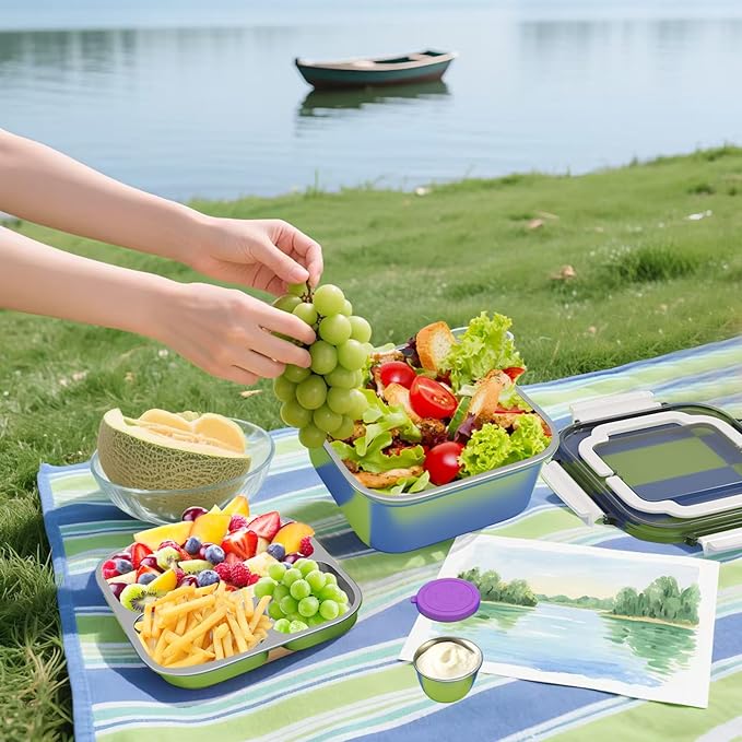 Salad Container for Lunch Large-60-oz,3 Compartment Bento-Style Tray and 1.5-oz Salad Dressings Container,Stainless Steel Food Containers with Lids, Lunch Box, Bento Box（White）