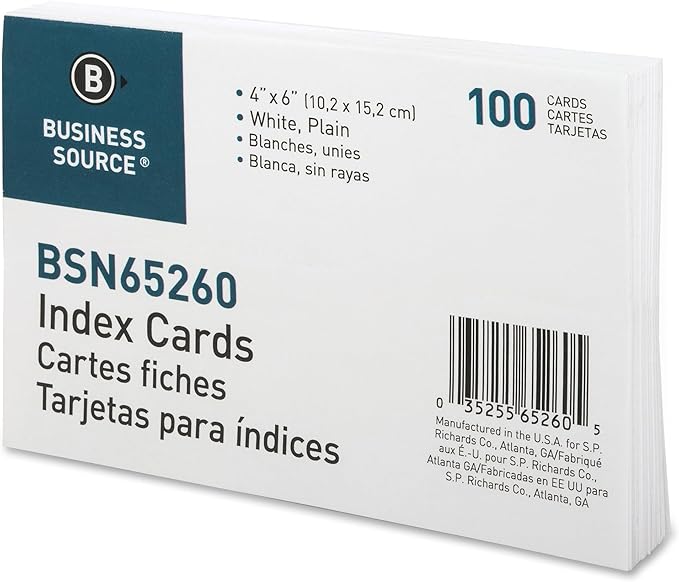 Business Source, BSN65260, Plain Index Cards, 100 / Pack