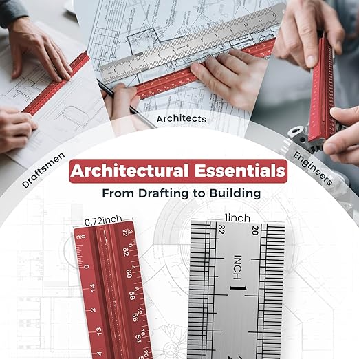 2 Pcs Architectural Scale Ruler 12 Inch, Aluminum Architect Ruler & Metal Ruler Set, Imperial Engineer Scale for Blueprints, Drafting Ruler for Architects, Students, Draftsmen, and Engineers (Red)