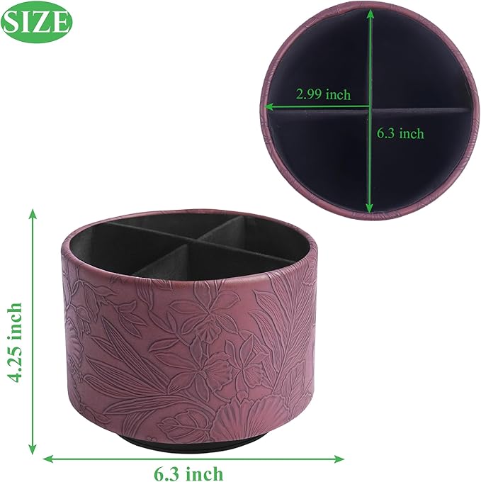 Round Leather Art Supply Organizer,Remote Control Holder,360 Degree Spinning,Multi-Functional Pencil Holder,4 Compartments Desktop Stationary Organizer(1-Carved Dark Brown)