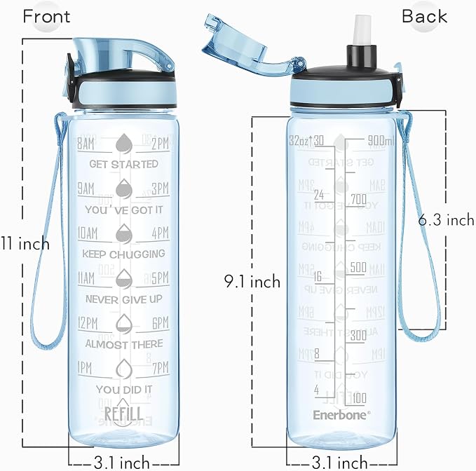 Enerbone Water Bottle, Leakproof BPA & Toxic Free, Motivational Water Bottle with Times to Drink and Straw, Fitness Sports Water Bottle with Strap for Office, Gym, Outdoor Sports