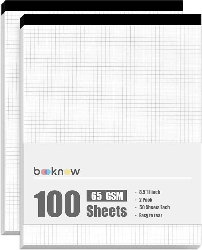 BOOKNOW 2-Pack 8.5" x 11" White 4x4 Quad Ruled Graph Paper Pads, 50 Sheets per Pad, for Office, School, Drawing, Math, Drafting, and Engineering