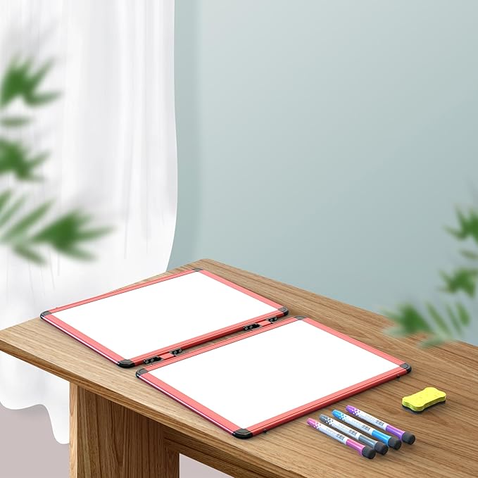 Dry Erase Board, 17x13 inch with 4 Sides Magnetic Whiteboard, A3 Foldable Small White Board with Lines, Perfect for Office, School, and Home. (Red)
