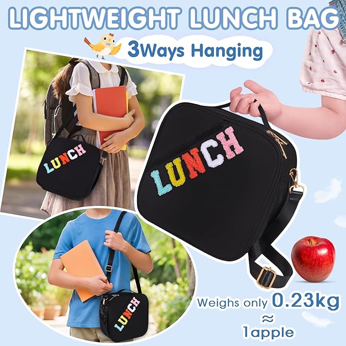 Nsrzua Insulated Lunch Bag With Adjustable Shoulder Strap, Reusable Lunch Bag for Kids, Girls, Boys, Women, Preppy Lunch Box for School, Travel, Picnic (Black)