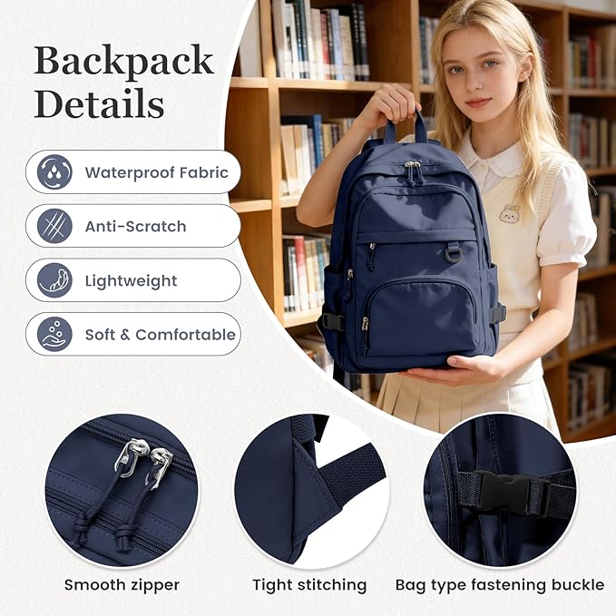 Lightweight College Backpack for Women Men Cute School Bag for Teens Girls Boys High School Backpack for Students Waterproof Casual Daypack Backpack（Dark Blue）