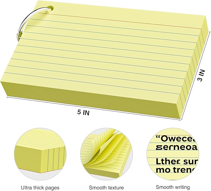 250 Count Yellow Index Cards 3x5 Inch with Key Ring, Color Flash Index Card (50 Sheets Each), Durable & Portable Note Taking for Students, Teachers, Study Note Cards for Office Home School