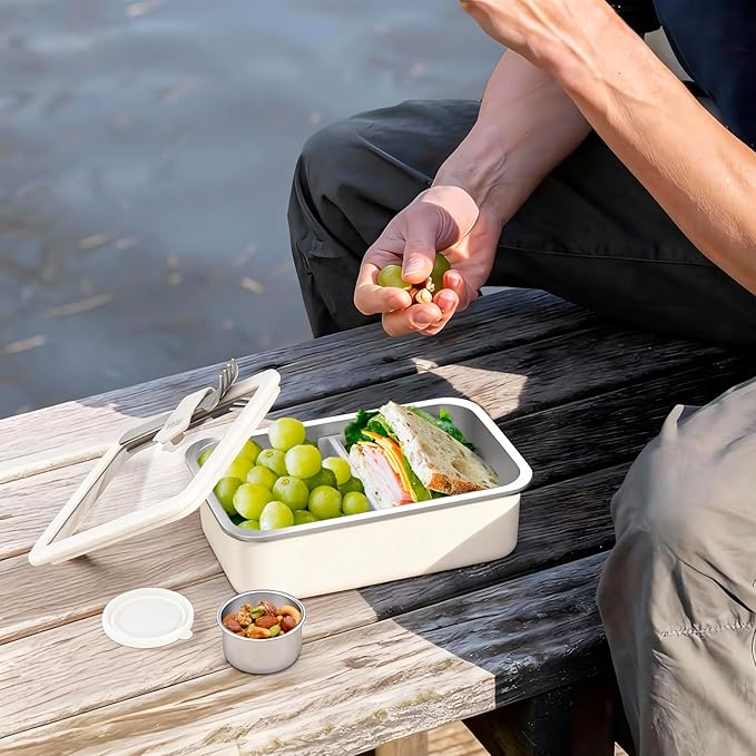 Bakpoco Stainless Steel Bento Box for Adult, 42oz Leak-Proof Metal Lunch Box Containers with Adjustable Divider, Microwave-Safe, Lunchbox with Glass Lid for Work Travel