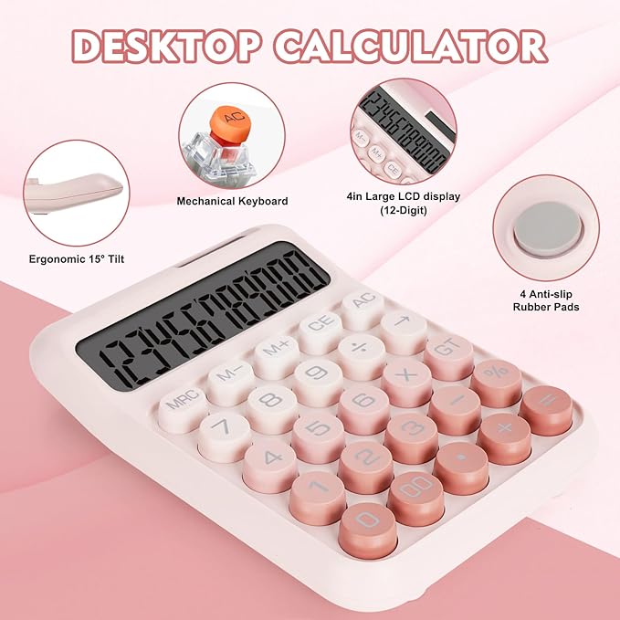 Mechanical Switch Calculator with Big Buttons, Calculators Desktop, 12 Digits, Solar Battery Power, Desk Calculator, Large LCD Display, Cute Pink Calculators for Teachers Students Basic Office