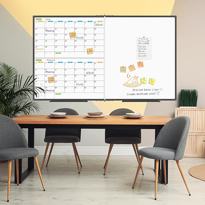 JILoffice Magnetic Foldable Dry Erase Calendar Whiteboard, 2 Month Calendar Board & White Board 72 X 40 Inch, Black Aluminum Frame Wall Mounted Board for Office Home and School