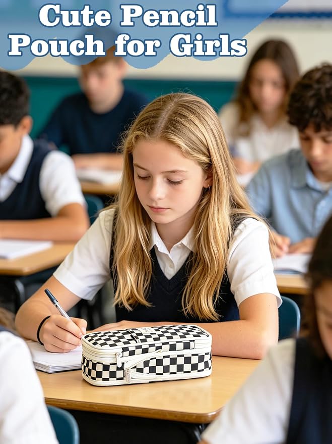 Bigmeta Gingham Expandable Pencil Case for Teens Girls - Black | Zipper Gusset for Adjustable Capacity, Checkered Cute Pencil Pouch, Stationery Bag Box for Student Back to School Gifts