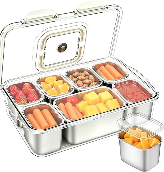Snackle Box Container, 7-Compartment Stainless Steel Snack Box, Dishwasher Safety Snack Tray with Lid and Handle, Large Divided Serving Tray for Travel, Picnic, Beach, Pool and Parties