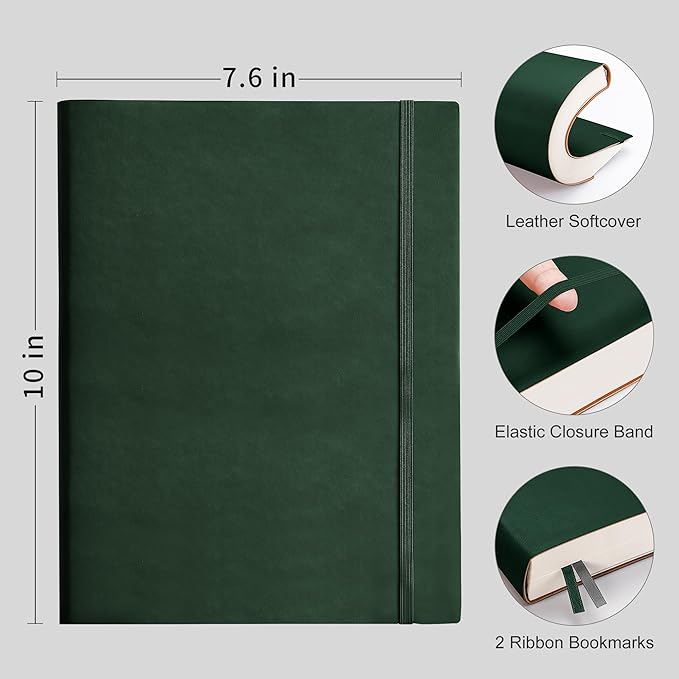 RETTACY Dotted Journal Notebook, 2-Pack, 192 Numbered Pages per Pack, B5 Medium Size (7.6'' × 10''), Leather Softcover, 100 GSM Thick Paper, for Journaling, Planning, Tracking (Black & Dark Green)