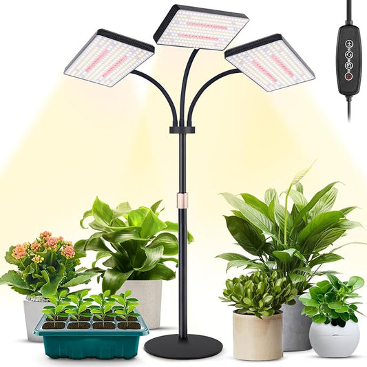 LBW Desk Grow Lights for Indoor Plants, 642 LEDs Full Spectrum Grow Light | 3-Head Tabletop Plant Light, 3/6/12H Auto Timer, 6 Brightness Levels, 3 Lighting Modes, 10-26" Height Adjustable