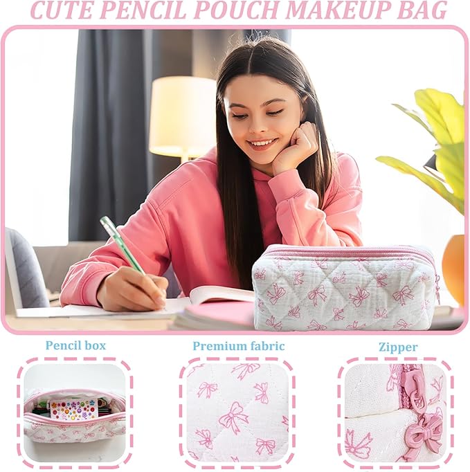 Pencil Pouch Cute Pencil Case Office Storage Bag Holder Box Organizer Aesthetic Bow Flower Pattern Makeup Pouch Cosmetic Bag for Women Girls