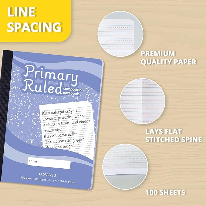 ONAVIA Primary Composition Book, 4 Pack, Full Primary Ruled, Grades K–2, 9.75 x 7.5, Writing Practice Notebook for School and Home, Cornflower Blue