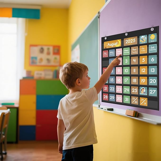 Yoink 46 Pockets Classroom Calendar Pocket Chart with 77 Cards, Daily Monthly Learning Calendar for Circle Time Weather Seasons, Preschool Kindergarten Homeschool Must Have, Teacher Supplies (Black)