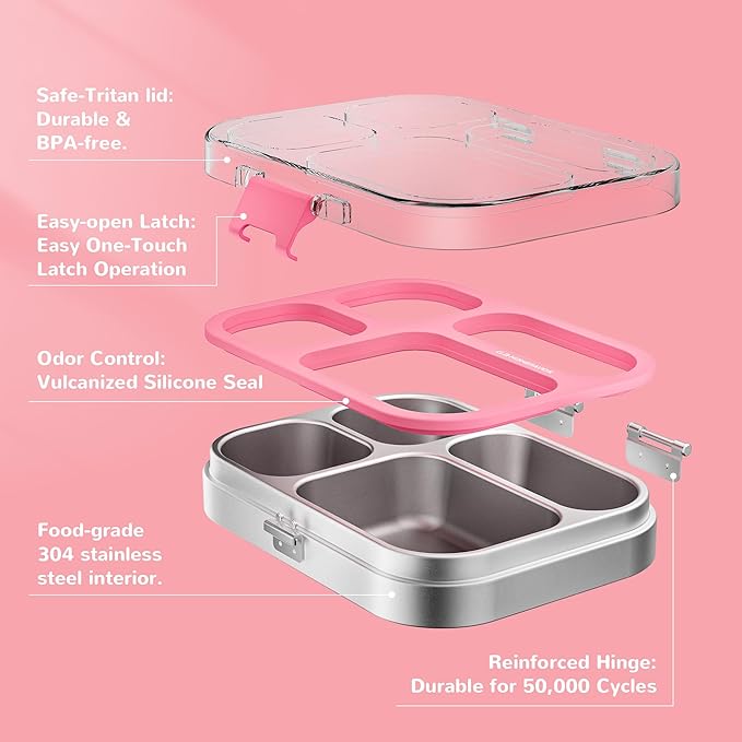 G.a HOMEFAVOR Stainless Steel Lunch Box - 4 Compartments Bento Box for Kids, Leakproof Food Container for School, Office, Dishwasher Safe, BPA-Free, 800 ml/27 oz, Pink
