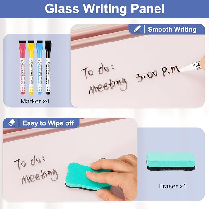 DOLLAR BOSS 12''x7'' Glass Desktop Whiteboard Small Dry Erase Board with Storage Drawer Computer Keyboard Stand Desk Organizer Office Accessories School Supplies with 4 Markers, Pink
