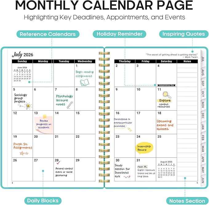 Planner 2026-2027, 6.3" x 8.5" Weekly and Monthly Academic Year Planner Calendar, July 2026 - June 2027, Hardcover Large School Planning Agenda With Tabs, Perfect for School & Office Supplies, A5, Aquamarine