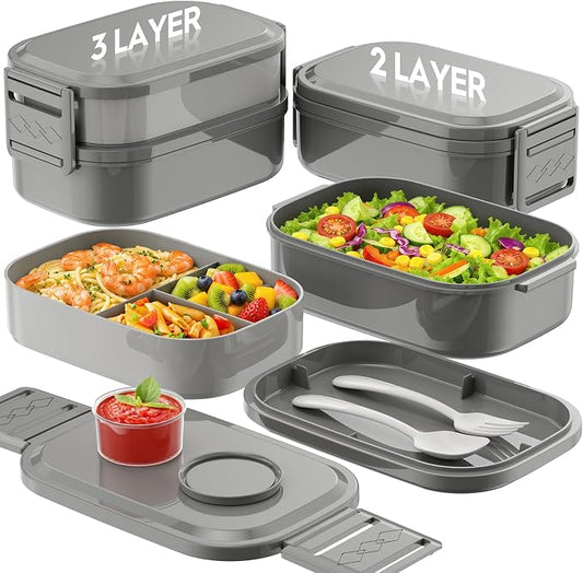 BiuLeon Bento Box Adult Lunch Box, 65 Oz Capacity Lunch Containers(Adjustable 2/3 Tier), BPA-Free, Leak-Proof and Stackable Bento Lunch Box, Microwave & Dishwasher Safe with Utensils(Gray)