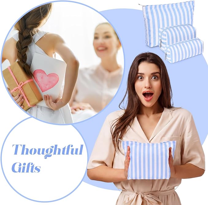 Huhumy 3 Pcs Makeup Bag Set Cute Cosmetic Pouch for Women Aesthetic Seersucker Travel Toiletry Bag Set Preppy Small Makeup Purse Pouch Wide Stripe Cosmetic Organizer Pencil Case with Zipper(Blue)