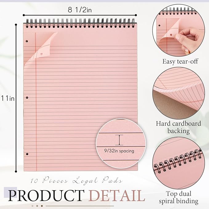 MotiMind 10 Pack 8.5" x 11" Top Spiral Notebook with 3 Hole Punched Light Colors Legal Pads College Ruled Notepad 50 Sheets Hard Cardboard Paper Wirebound Notepad for Office School Business