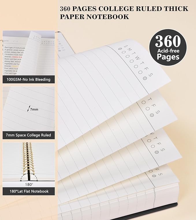 MUAHLIUB Spiral Notebook Journal College Ruled 8.5''x 11'', 360 Pages Lined Thick Journals for Women Men, A4 Large Writing Spiral Journal with 100GSM Paper, Spiral Notebooks for Work, School Black