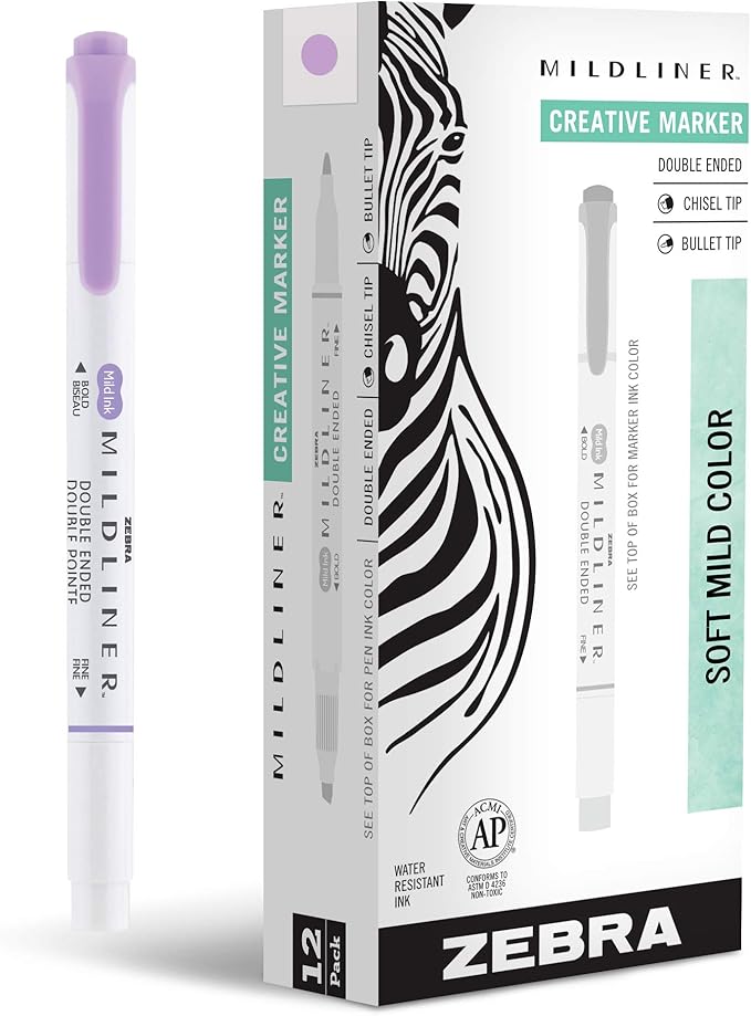 Zebra Pen Mildliner Dual-Tip Highlighters, Broad and Fine Tips, Ideal for Bible Highlighting, No Bleed, School Supplies, Teacher Supplies, and Office Supplies, Mild Violet Ink, 12-Pack (78180upc)