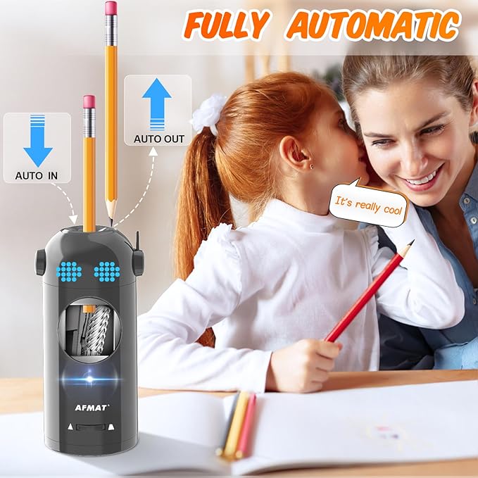AFMAT Electric Pencil Sharpener, Fully Automatic Colored Pencil Sharpener for 7-11.5mm Pencils, Auto in & Out, Robot Pencil Sharpeners for Kids, Rechargeable Hands-Free with Dotted Eyes, PSX5ET, Gray