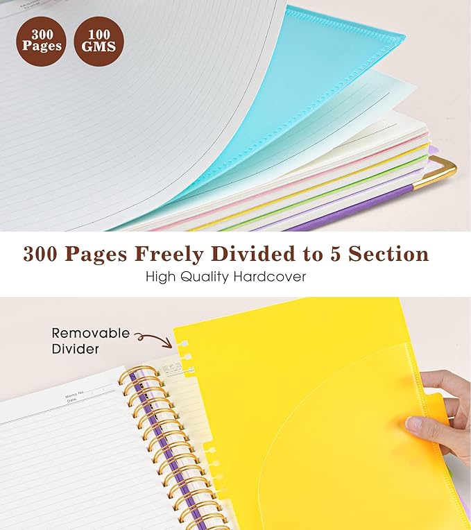 Hardcover Large Spiral Notebook 8.5" x 11" with Removable Dividers Tabs, 300 pages Leather 5 Subject Notebook College Ruled, A4 Journal for Women Men, Notebooks for Work School Note taking,Purple