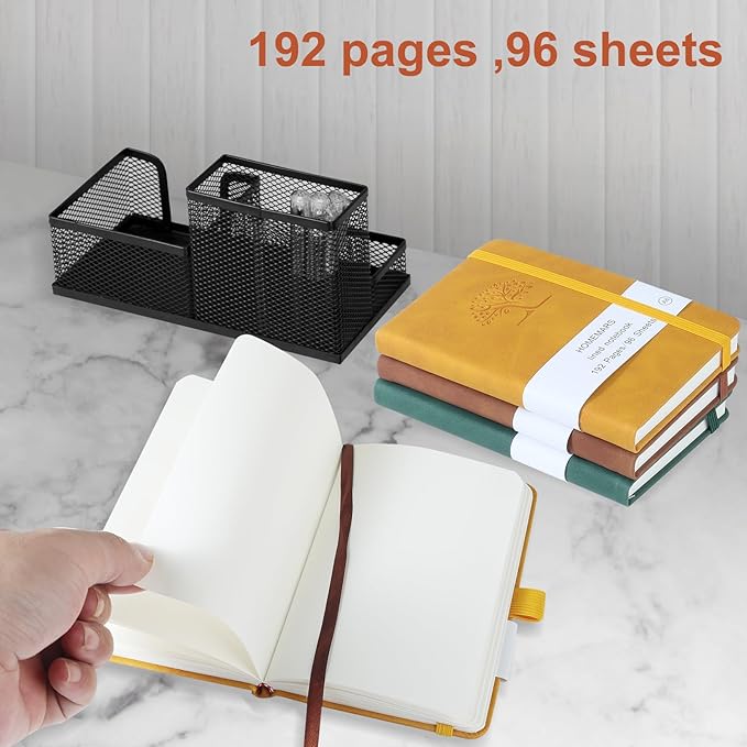 HOMEMARS Small Notebook, Pocket Notebook, 3 Pack, Notebook A6, Blank,3.7" x 5.7"Leather, Brown, Green, Yellow,192 Pages Each, Hardcover, Mini Journal Notepad, Embossing Tree Design