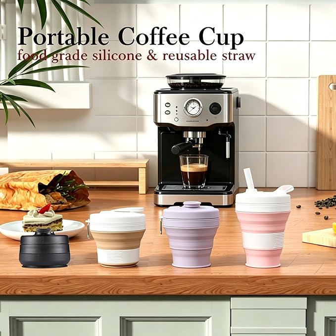 IYYI Collapsible Travel Cup, Silicone Coffee Cup with Lid, 20.3 oz Travel Coffee Mug with Straw, Folding Cup for Hiking Camping Office - Dishwasher Safe (Sakura Pink)