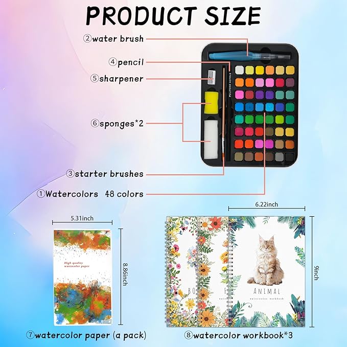 Watercolor Kit for Adults Beginners - 48 Colors Paint Set with 3 Workbooks & 3 Brushes, Step by Step Painting Guide, Create 30 Pictures in 30 Mins, All-in-One Art Supplies Gift