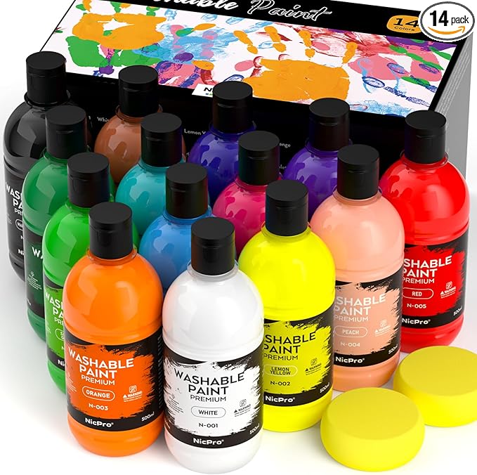 Nicpro 14 Colors Large Washable Paint Set for Kid (16.9oz), Acrylic Bulk Paint Supplies Non Toxic Tempera Paint for Art, Craft, Poster & Finger Paint, School, Teacher Classroom Must Have, Paraben-Free