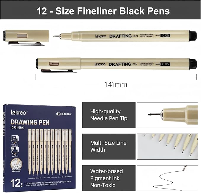 12-Piece Fineliner Pen, Assorted Point Sizes 0.05 to 3mm & Brush Pens, for Art, Writing & Bullet Journaling (12 Point Sizes)