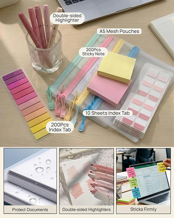 41Pcs Aesthetic Pink Office Supplies Set, All-in-One 5 Compartments Desk Organizer Kit with Large Capacity Pen Pouch, A5 Notebook for Women & Journaling (beige)