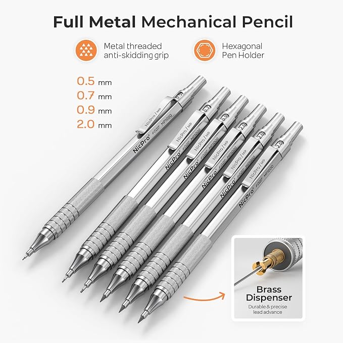 Nicpro 33PCS Metal Mechanical Pencil Set in Leather Case | Art Drafting Pencil 0.3/0.5/0.7/0.9/2mm Lead Pencil Holder for Sketching Drawing With 18 Tube (6B 4B 2B HB 2H 4H Colors) Lead